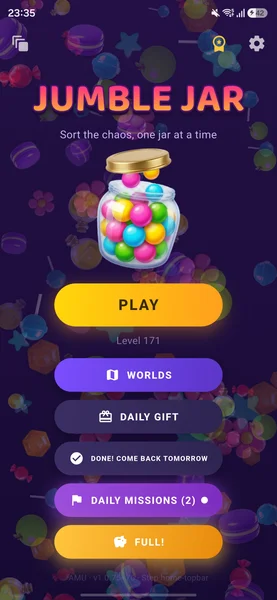 Jumble Jar home screen with the jar full of colorful candies