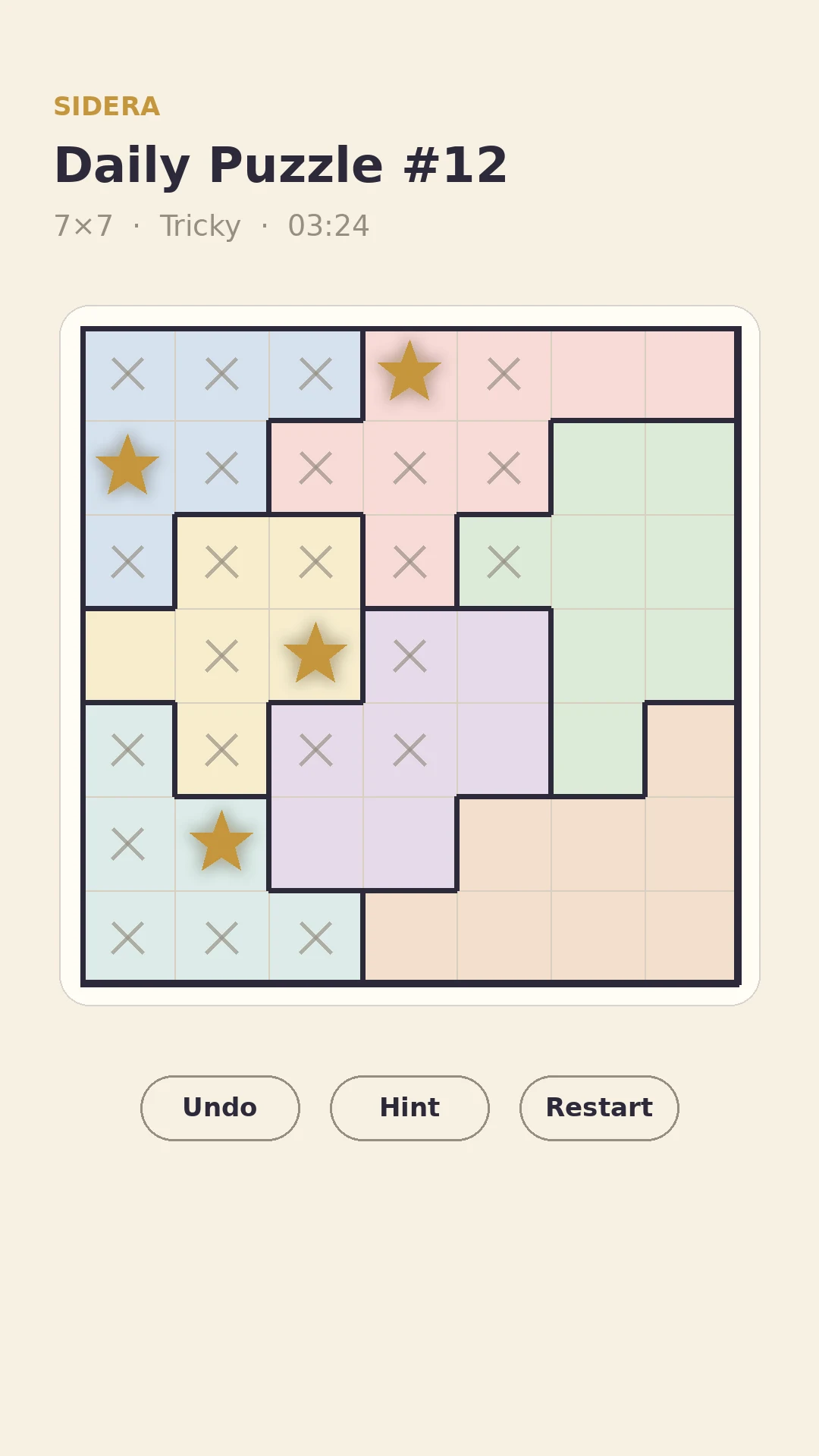 A Sidera daily puzzle board with stars placed on a coloured grid